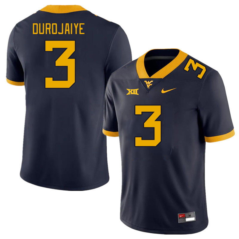 Men #3 Tomiwa Durojaiye West Virginia Mountaineers College Football Jerseys Stitched Sale-Navy - Click Image to Close